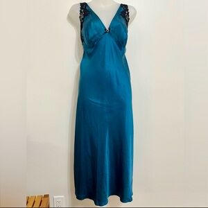 Teal Silk Long Chemise with Black Lace Trim